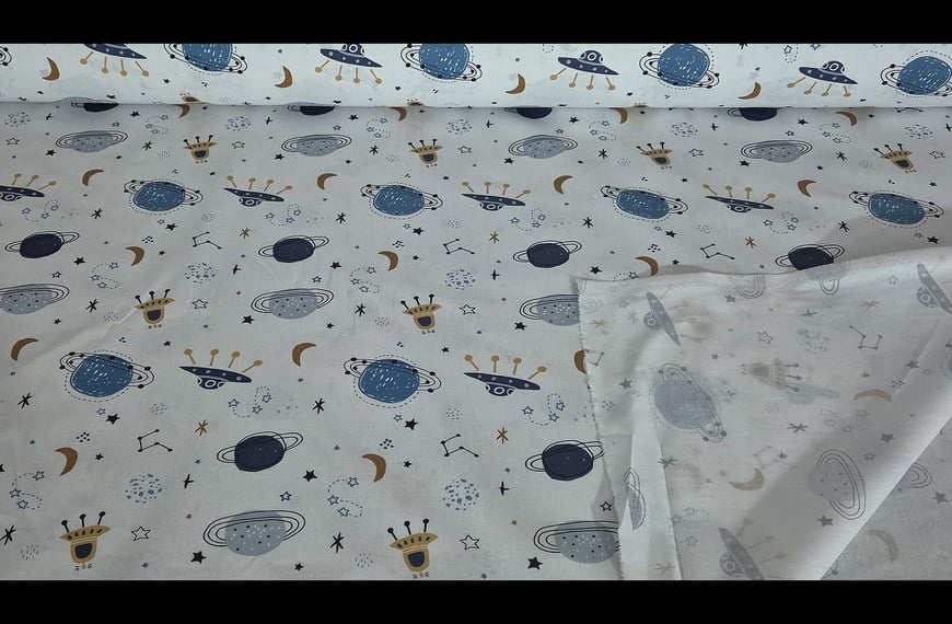 Popplin with Blue UFOs for Kids Cotton Multi-Colored - 300cm