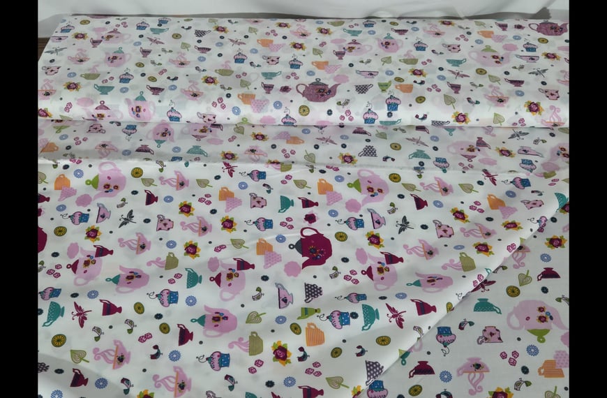 Poplin with Tea Cups Cotton Multi-Colored - 150cm