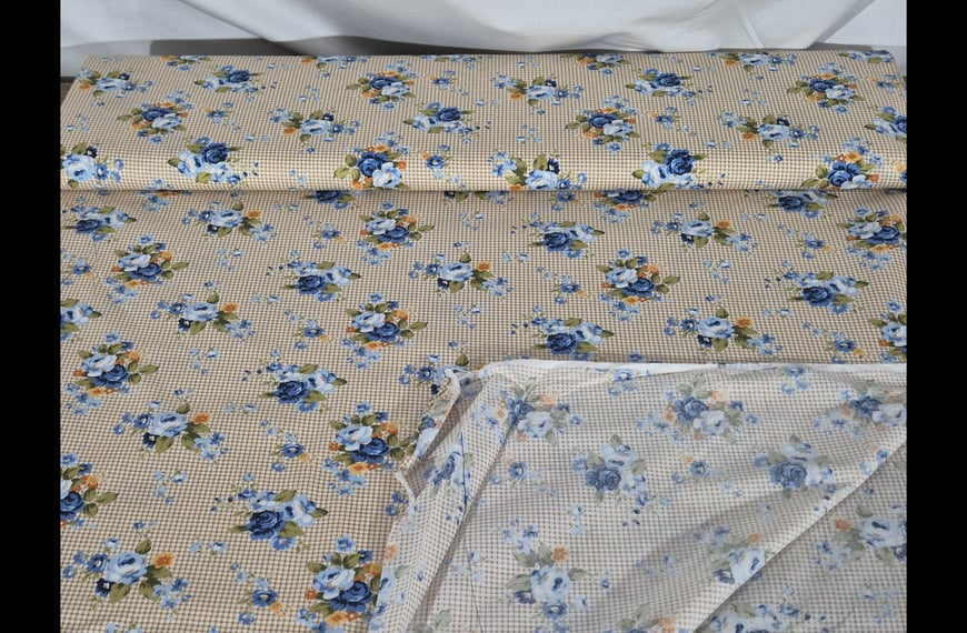 Poplin with Thin Checkers Pattern & Bouquets Cotton Multi-Colored - 150cm