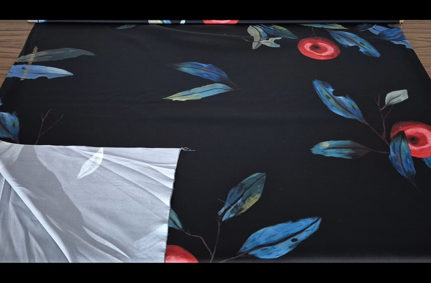 Satin with Red Flowers & Blue Leaves Polyester Multi-Colored - 150cm