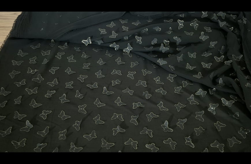 Muslin with Golden Butterflies Αppliqued Polyester Multi-Colored - 140cm