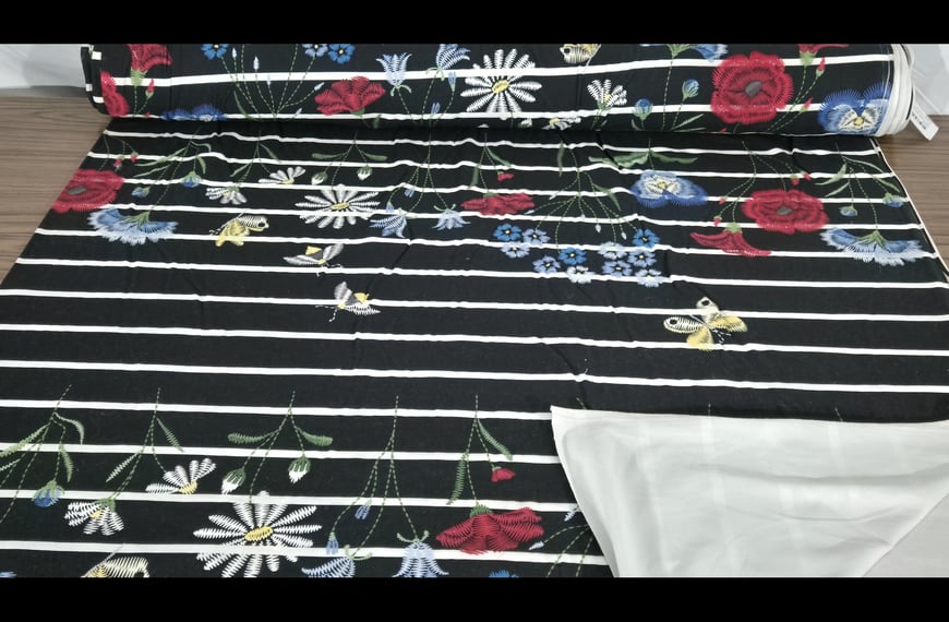 Jersey with Flowers & Stripe Cotton Elast Multi-Colored - 150cm