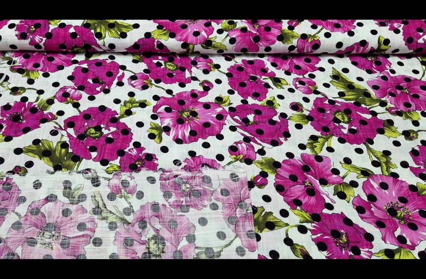 Viscose Cotton with Roses & Black Polka Dots Multi-Colored - 150cm