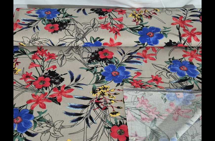 Viscose Linen with 2-Colored Flowers Multi-Colored - 140cm