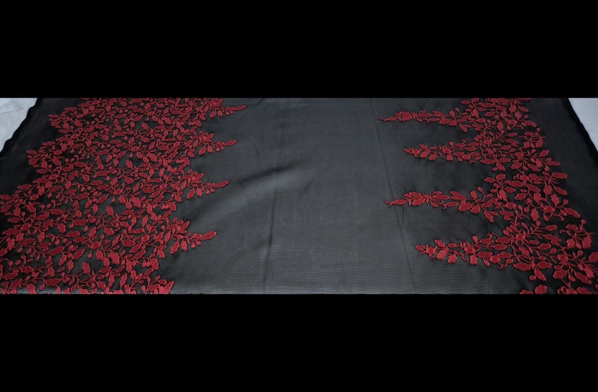 Tulle with Branch & Embroidered Border Polyester Single-Colored - 150cm