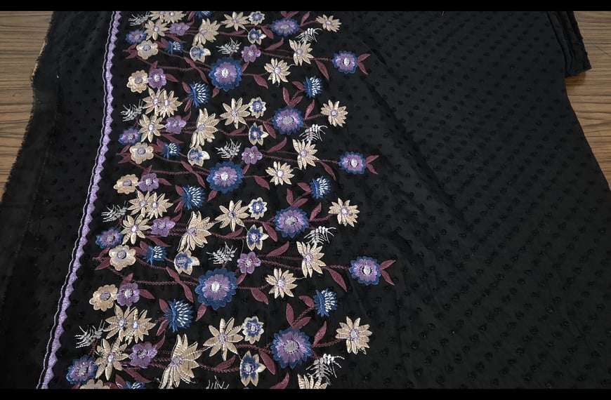 Muslin with Border Knitted with Flowers Polyester Multi-Colored - 140cm