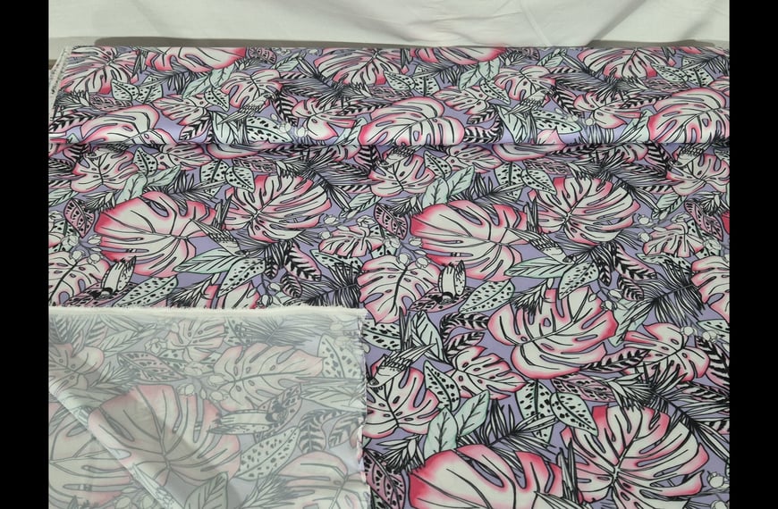 Satin with Intense Fuxia Leaves Polyester Elast Multi-Colored - 150cm