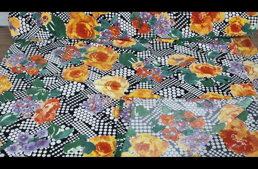 Jersey with Black Polka Dots & Orange Roses Polyester Elast Multi-Colored - 150cm