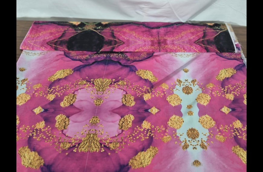 Satin with Golden, Purple & Black Water Patterns Polyester Elast Multi-Colored - 150cm