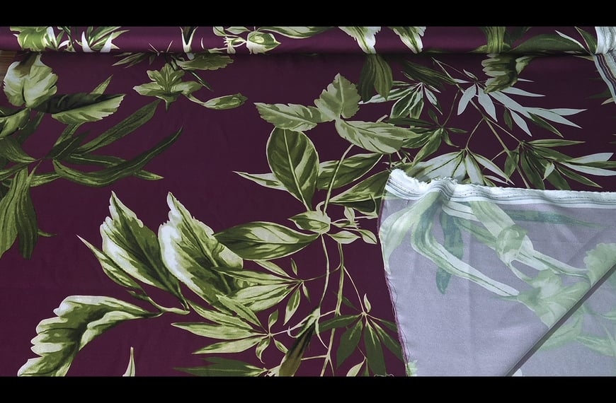 Satin with Big Green Leaves Polyester Multi-Colored - 150cm