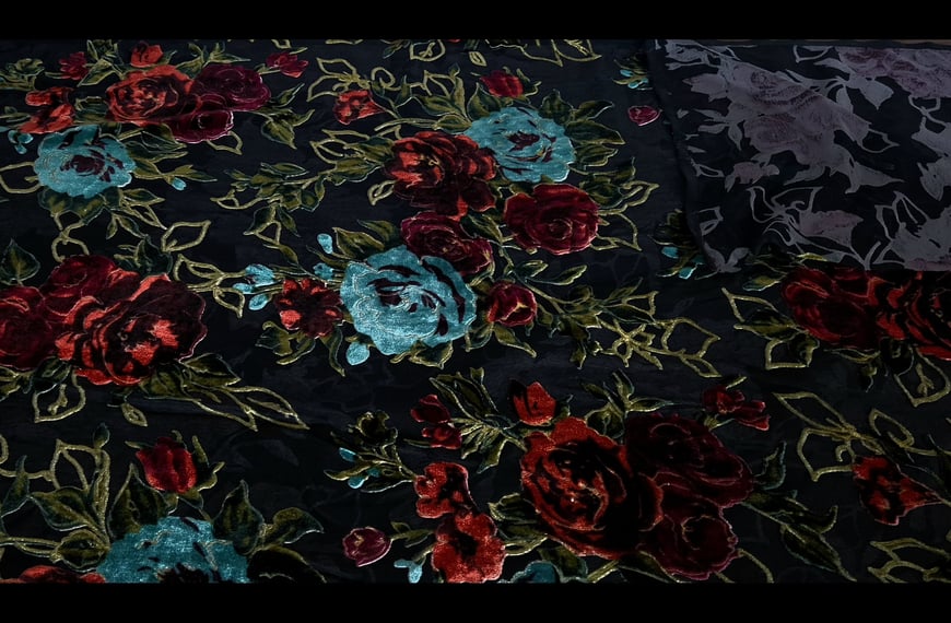 Devore with Roses Polyester Viscose Multi-Colored - 140cm