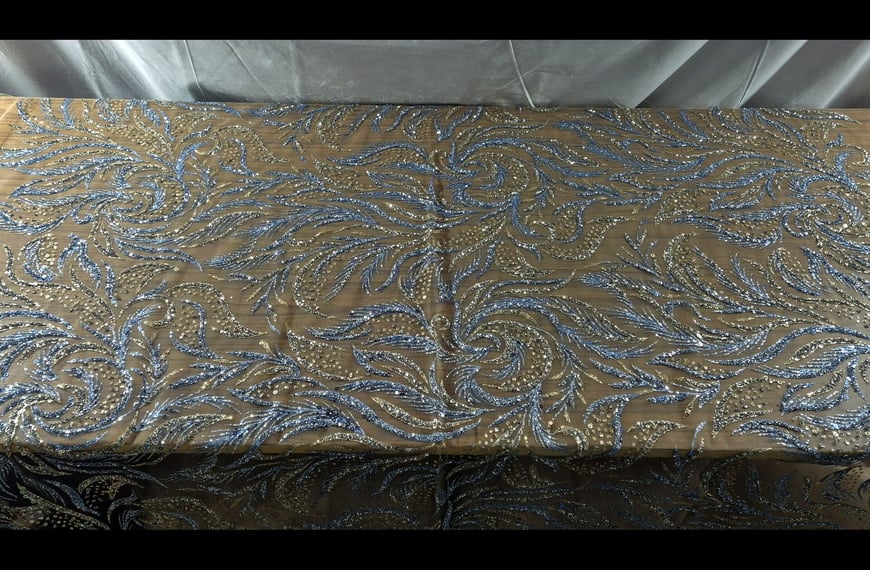 Tulle with Raf Blue Glitter Leaves Polyester Multi-Colored - 150cm