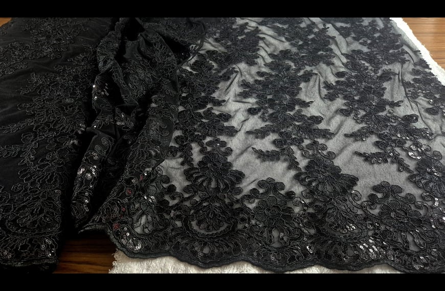 Lace with Flowers, Sequince & Finish Polyester Elast Single-Colored - 120cm